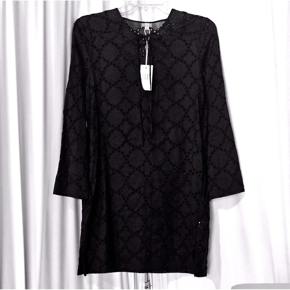 Echo Womens Black Cotton Eyelet Keyhole Tunic Top Swim Resort Coverup